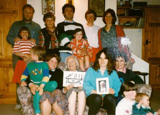 Formation of First Spiritual Assembly of Skye (June 1991), 18 months after the first person declared in Skye (Back row, L to R): Chris Manvell with Abigail Manvell, Dorothy Green, Gerry Coogan with Mhairi, Sarah Broun, Pat McNicol (Front row, L to R): Maggie Manvell with David Manvell, Edith Manvell, Christine Coogan, Lesley White with Hattie White & Rhona Cooga
